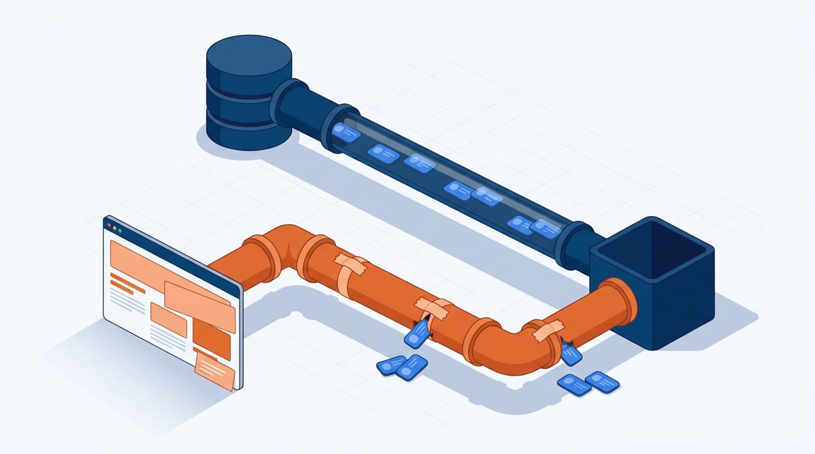 Ilustração isométrica com dois canos alimentando o mesmo coletor: um cano selado saindo de uma base estruturada e um cano remendado saindo de uma página web instável