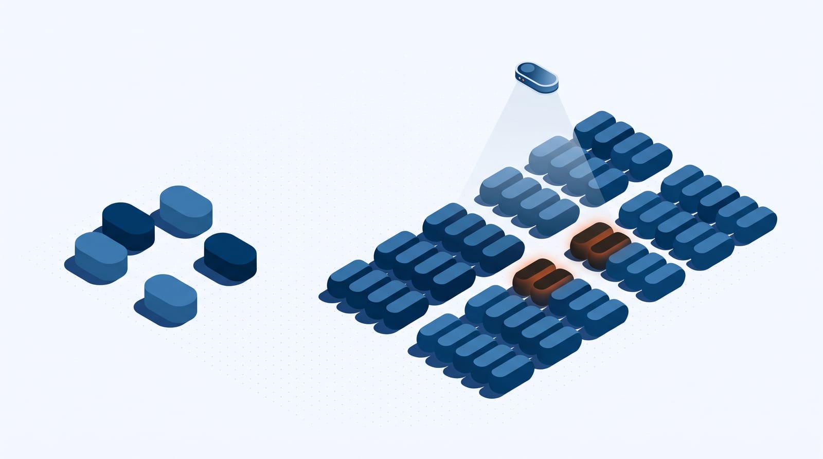 Ilustração isométrica de uma operação pequena com poucas contas ao lado de uma operação grande com muitas contas organizadas em grupos, com um painel único acima
