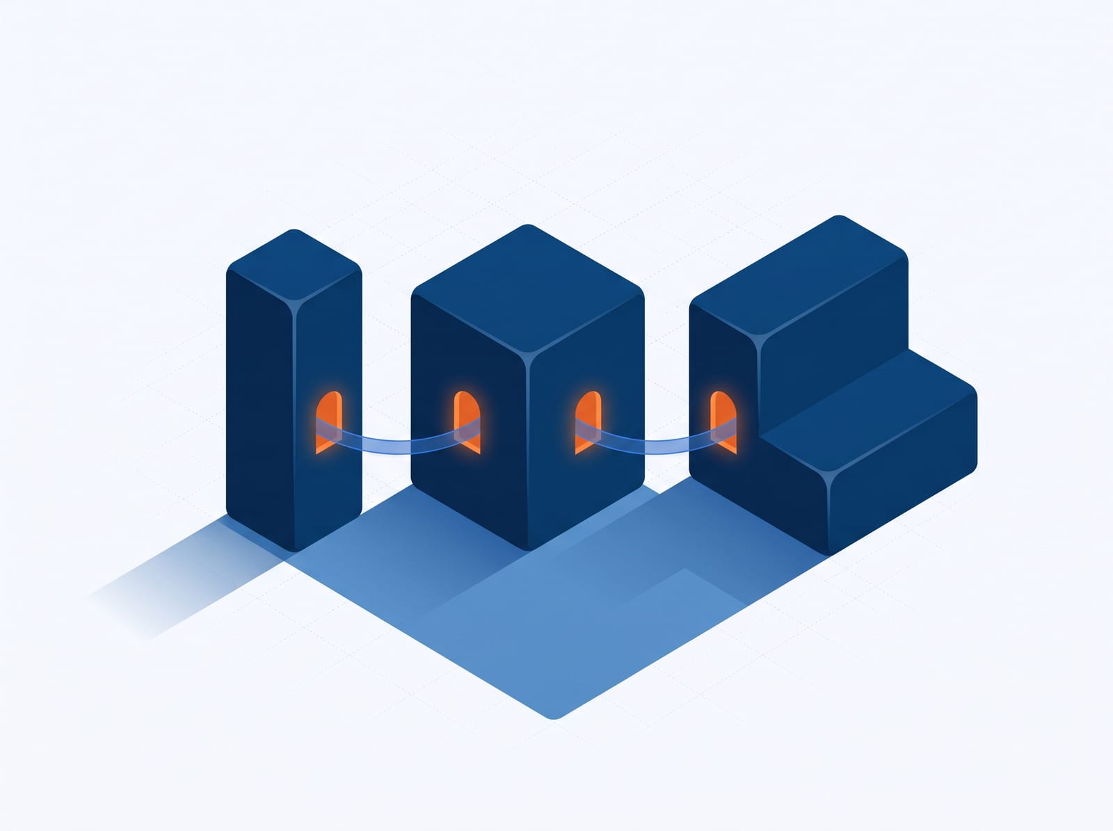 Ilustração isométrica de três blocos de sistemas diferentes alinhados, cada um com a mesma porta lateral iluminada na mesma posição