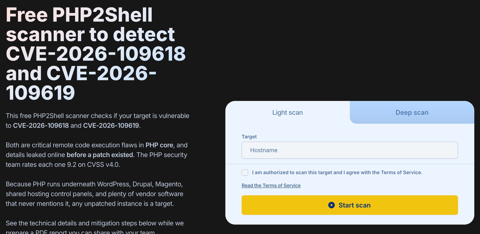 Página do scanner gratuito de PHP2Shell da Pentest-Tools.com: o título cita as duas CVEs, e o formulário à direita tem o campo do alvo, a caixa de autorização e o botão de iniciar a varredura