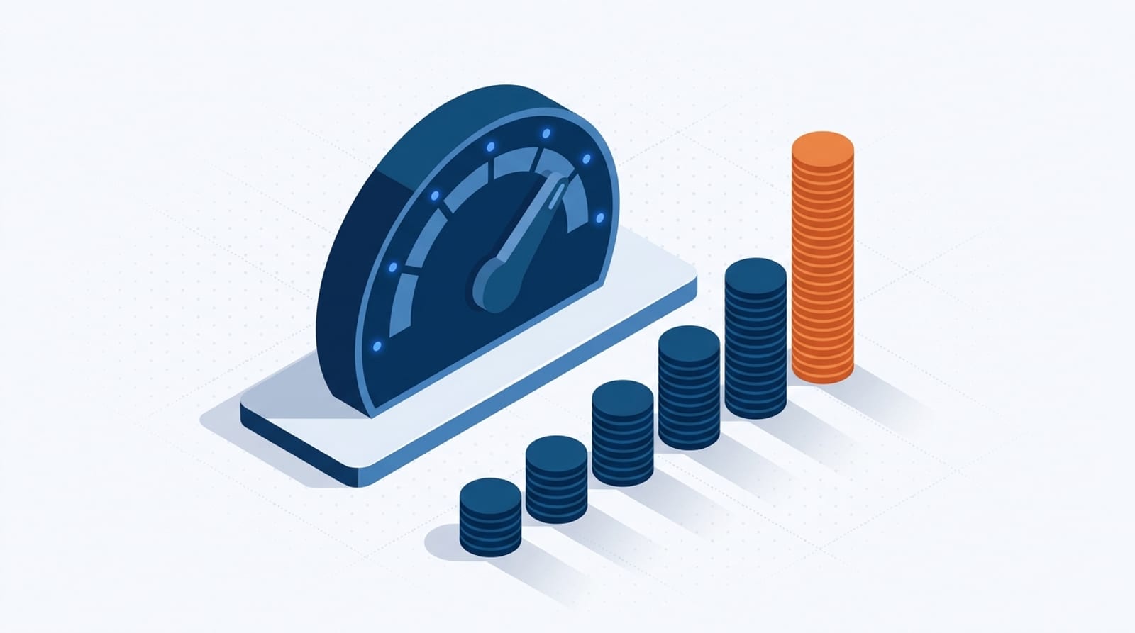 Ilustração isométrica de um seletor com seis posições ligado a uma pilha de tokens que cresce a cada posição