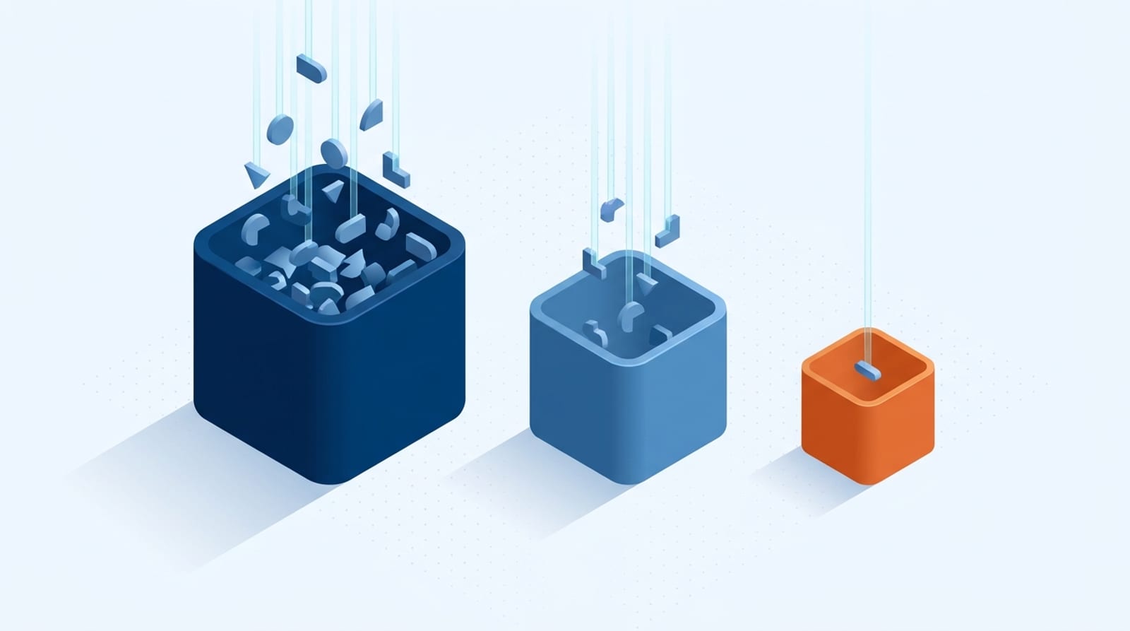 Ilustração isométrica de três recipientes recebendo peças de processo: um recipiente amplo de processo do setor, um médio de configuração e um pequeno e isolado de exceção