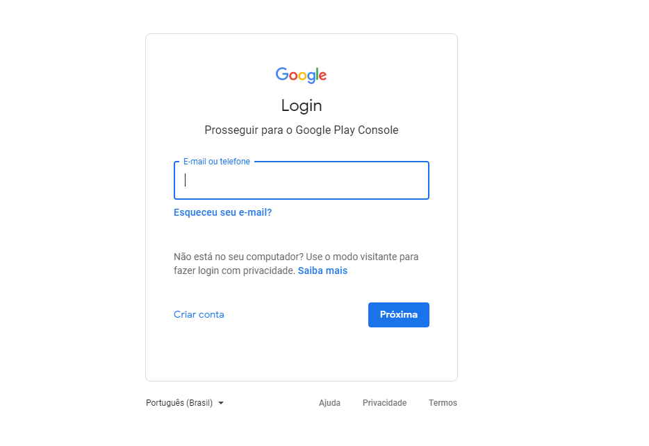 Login para prosseguir ao Google Play Console