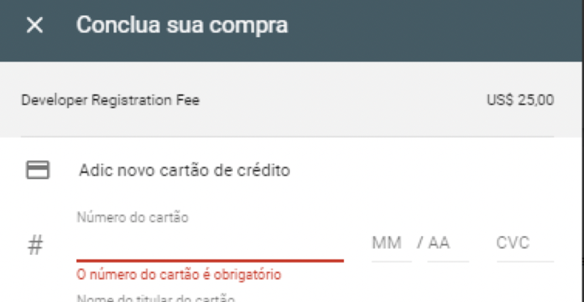 Pagamento da taxa de inscrição do Google Play Console