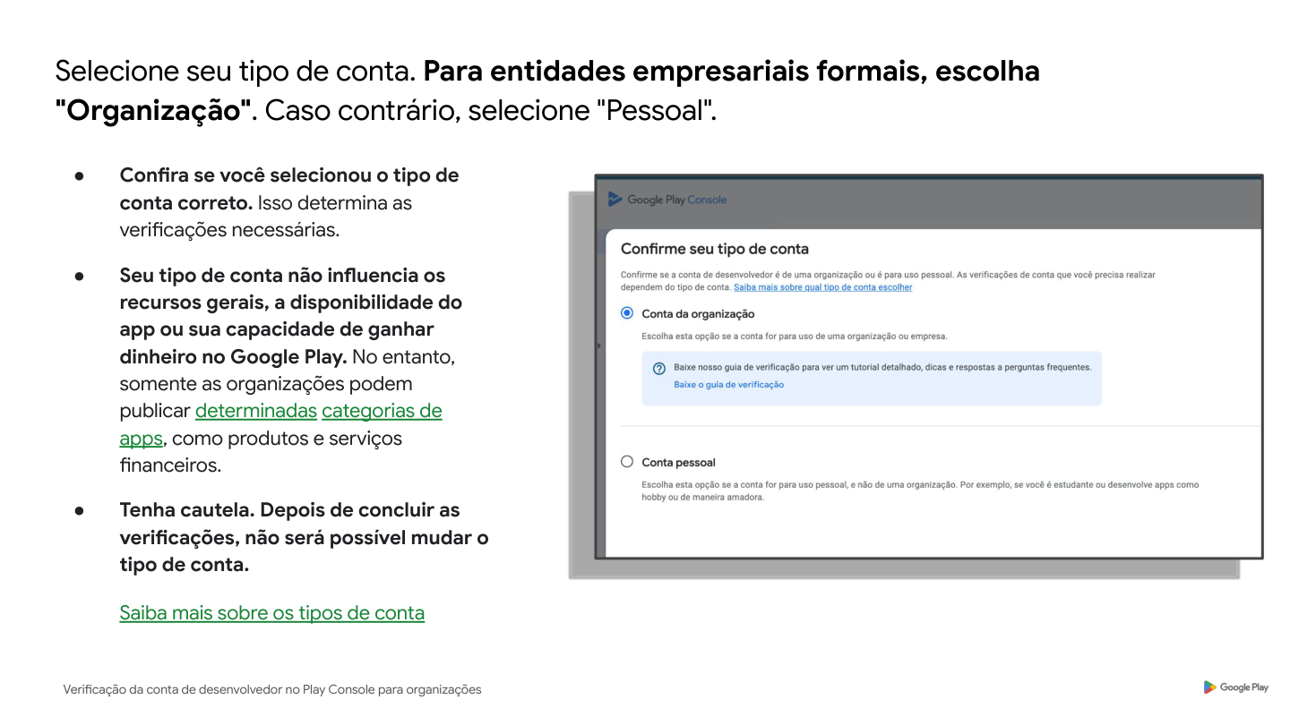 Seleção do tipo de conta