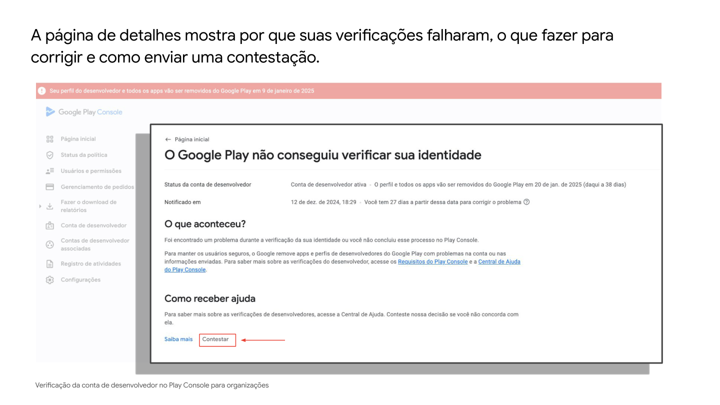 Tela de detalhes de falha e contestação