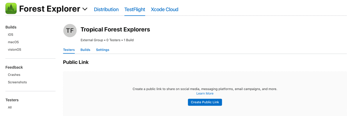 Tela oficial da Apple mostrando a criação de um link público no TestFlight