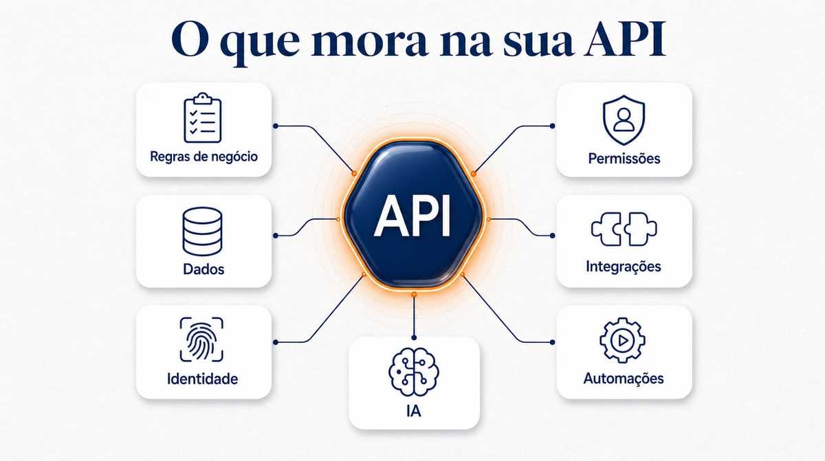Infográfico das sete camadas que formam o patrimônio digital de uma API: regras, dados, identidade, permissões, integrações, automações e IA