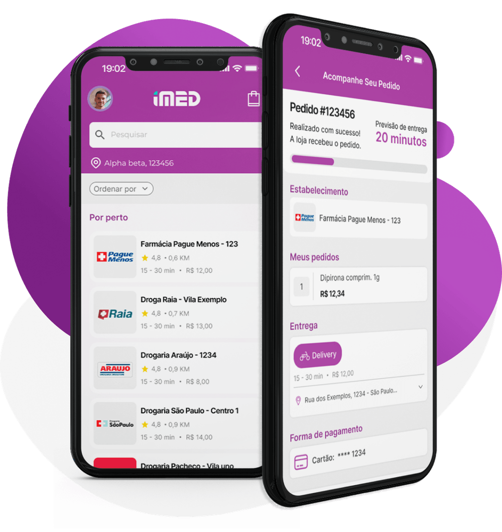 Dois smartphones exibindo a tela principal e de status de pedido do aplicativo Imed Delivery