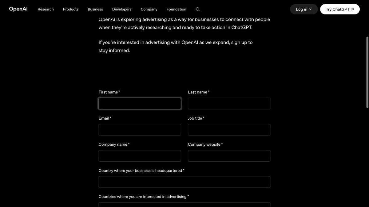 Formulário público de interesse para anunciantes da OpenAI, com campos para nome, e-mail corporativo, cargo, empresa, site, país da sede, países de interesse e tipo de negócio