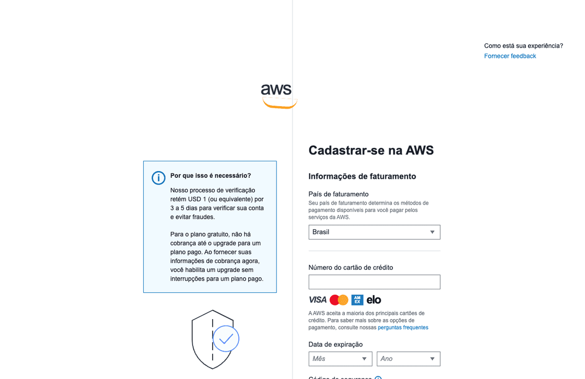 Tela da AWS solicitando cadastro de cartão de crédito durante a criação da conta