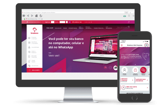 Monitor e celular com o navegador exclusivo do Bradesco na tela