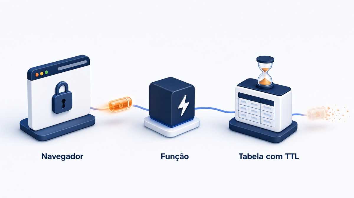 Mapa da arquitetura serverless de um serviço de segredos de uso único, do navegador que cifra até a tabela temporária com TTL