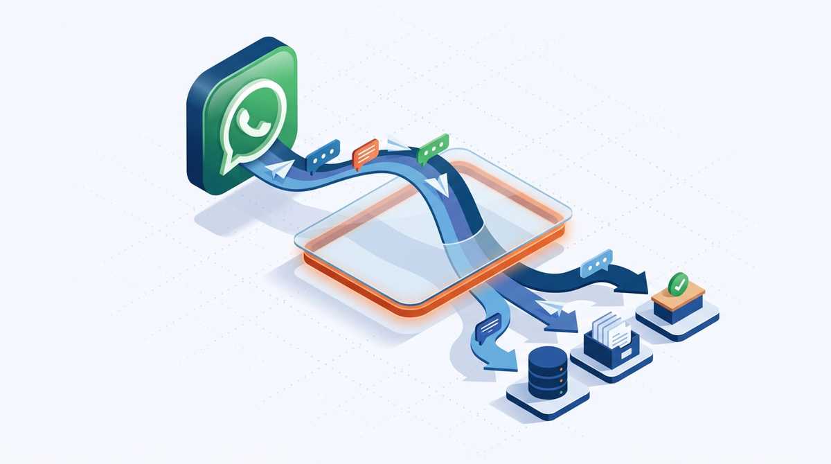 Ilustração isométrica do fluxo: mensagens saem do WhatsApp, atravessam a camada de governança destacada em laranja e chegam organizadas ao banco de dados, ao arquivo e à mesa de aprovação