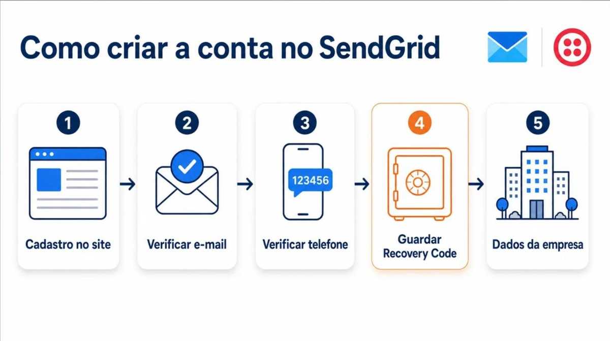 Fluxo em cinco etapas da criação de conta no SendGrid via Twilio