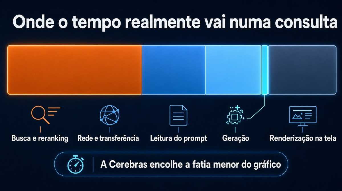 Barra empilhada mostrando que a geração é a menor fatia do tempo de uma consulta, atrás de busca, rede, leitura do prompt e renderização