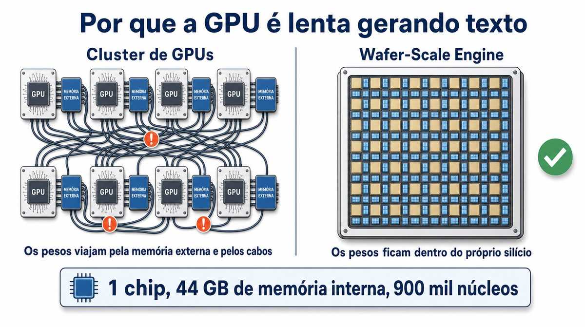 Diagrama comparando um cluster de GPUs com memória externa e cabos emaranhados contra um único chip Wafer-Scale Engine com a memória dentro do próprio silício