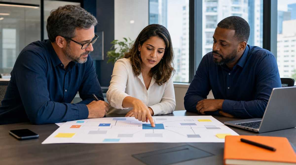 Equipe revisando o mapa de regras de negócio e o contrato de API em uma reunião de planejamento