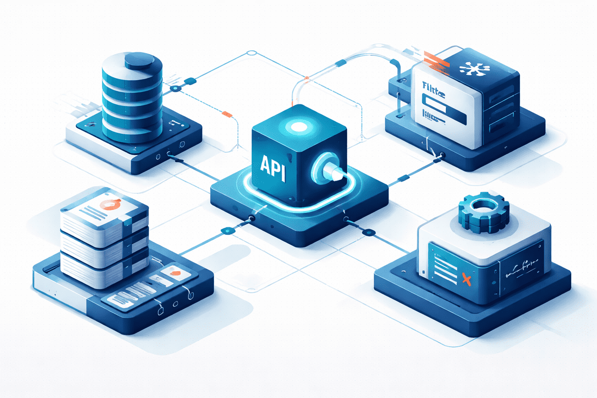 Ilustração editorial de pipeline modular com API, integrações, cache e automação