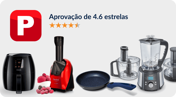 Ícone do aplicativo na App Store com as estrelas de avaliação, acima de alguns itens de cozinha que estão a venda