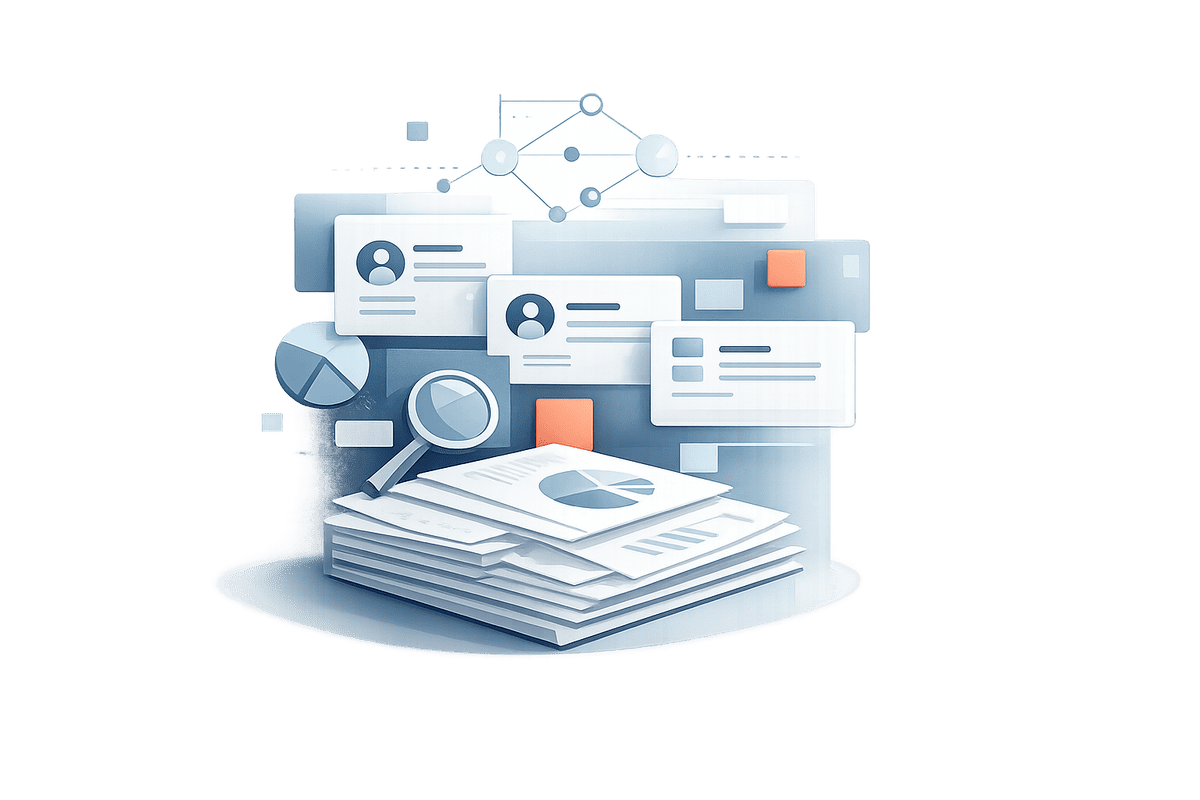 Ilustração editorial de workspace com documentos, cards e análise para representar uso humano de IA por assinatura