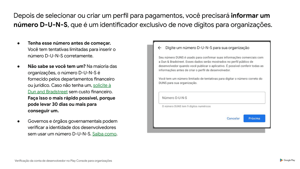 Campo de D-U-N-S no Google Play Console